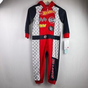 Hot Wheels Boys Large Hooded Union Suit One Piece Pajamas Red Black Checkered